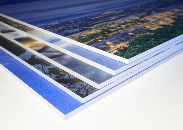Close-up of layered canvas prints